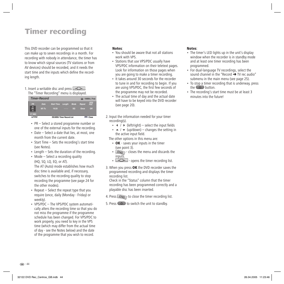 Timer recording | Loewe Centros 1202 User Manual | Page 44 / 70