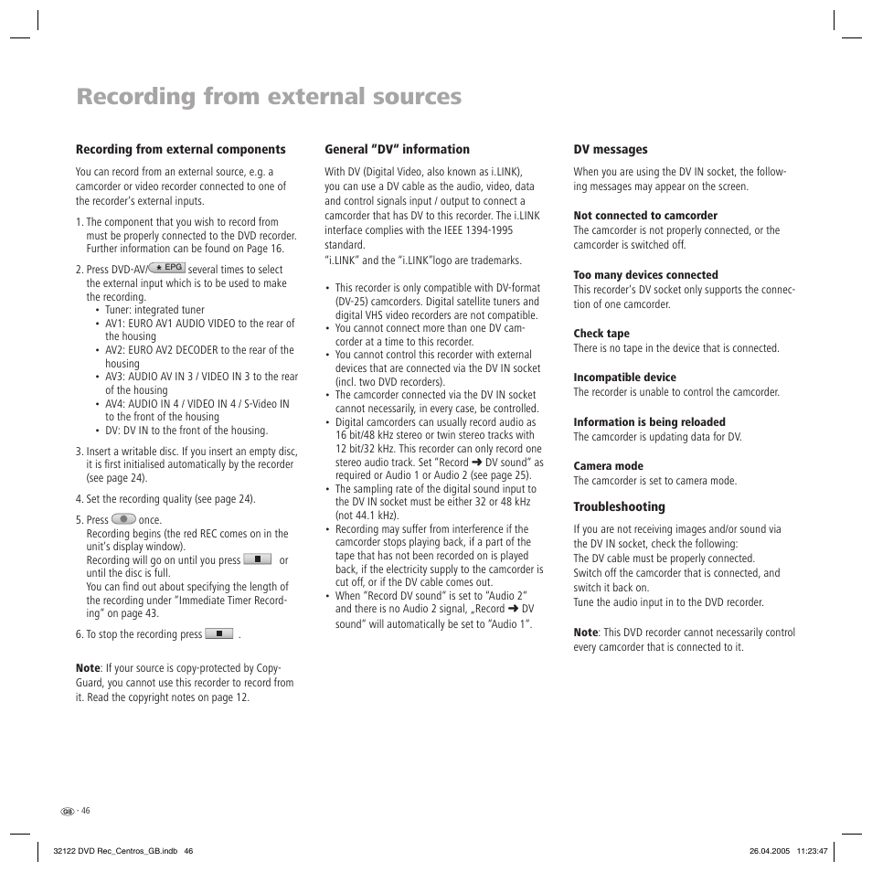 Recording from external sources | Loewe Centros 1202 User Manual | Page 46 / 70