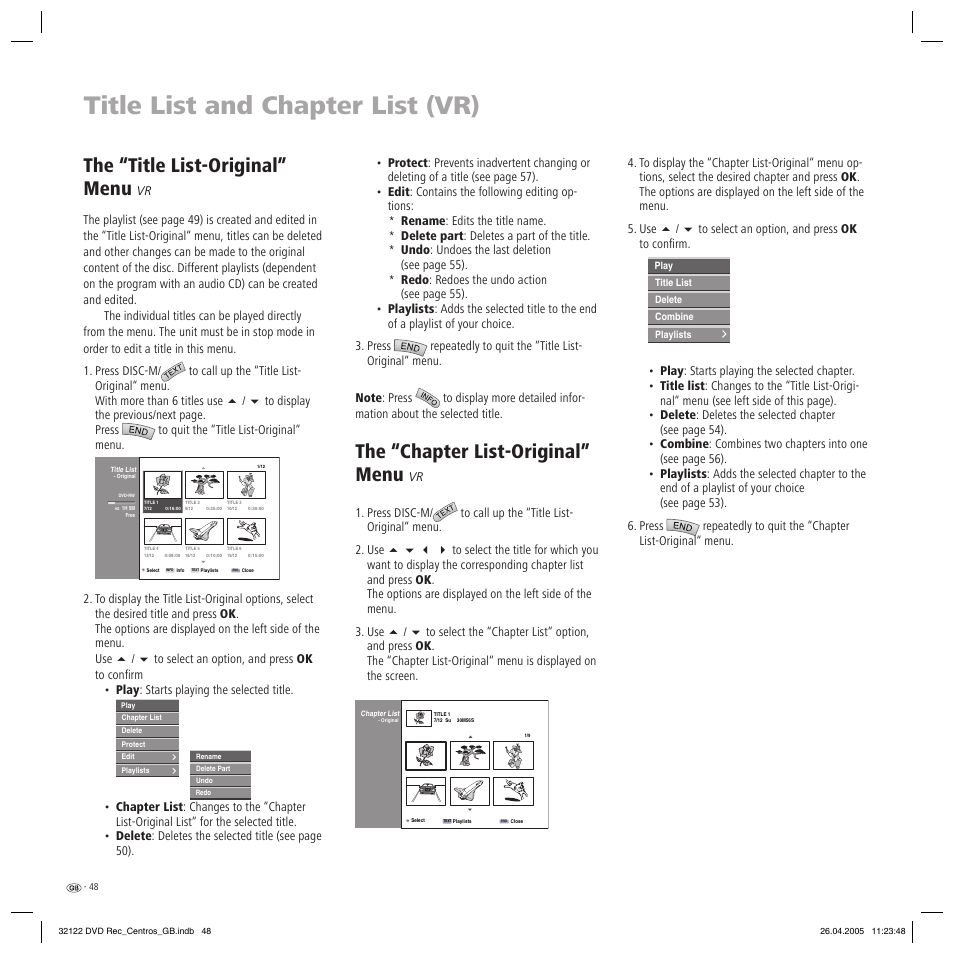 Title list and chapter list (vr), The “title list-original” menu, The “chapter list-original” menu | Loewe Centros 1202 User Manual | Page 48 / 70