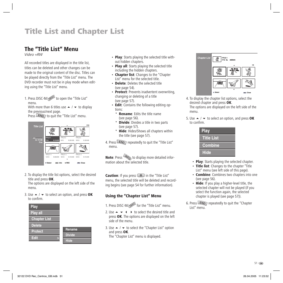 Title list and chapter list, The “title list“ menu, Play all | Play, Using the “chapter list“ menu, Title list combine hide | Loewe Centros 1202 User Manual | Page 51 / 70