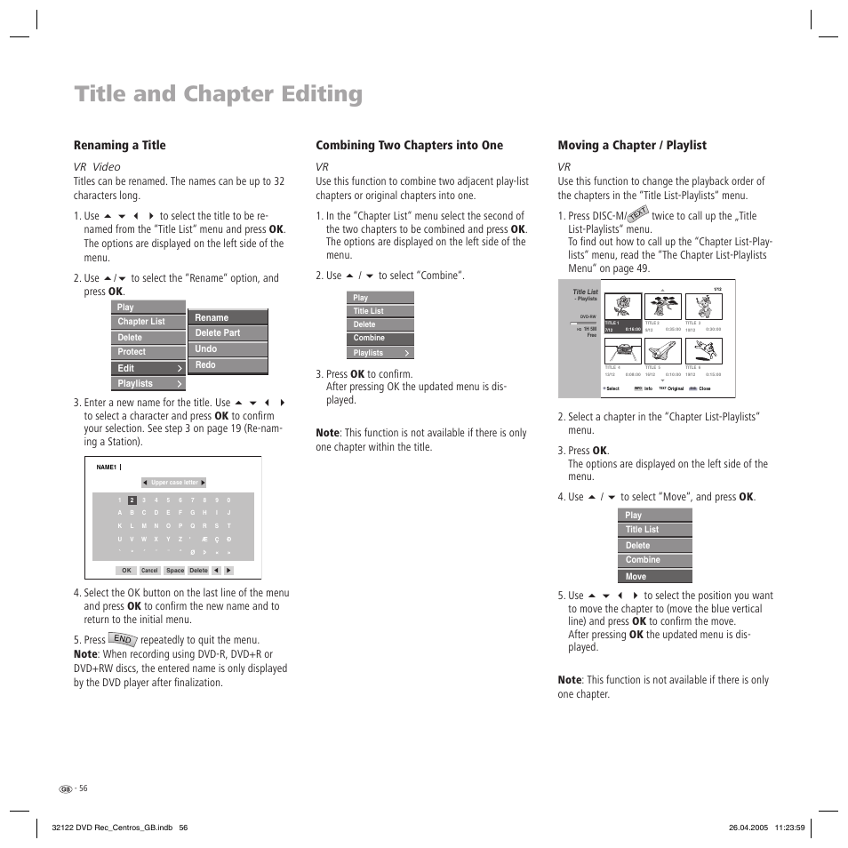 Title and chapter editing, Renaming a title, Combining two chapters into one | Moving a chapter / playlist | Loewe Centros 1202 User Manual | Page 56 / 70