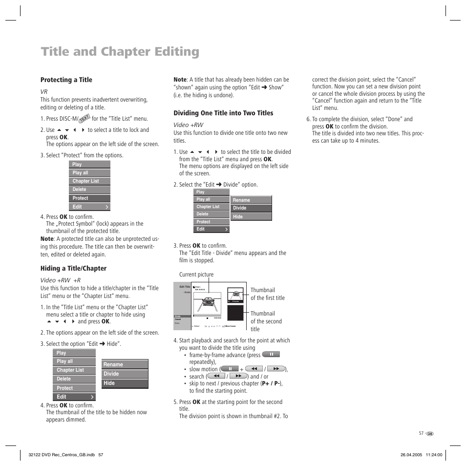 Title and chapter editing | Loewe Centros 1202 User Manual | Page 57 / 70
