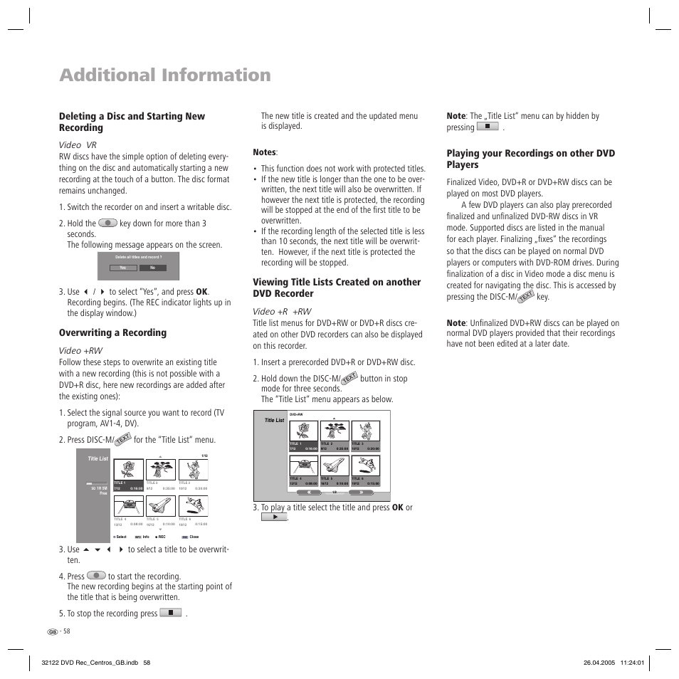 Additional information, Deleting a disc and starting new recording, Overwriting a recording | Playing your recordings on other dvd players | Loewe Centros 1202 User Manual | Page 58 / 70