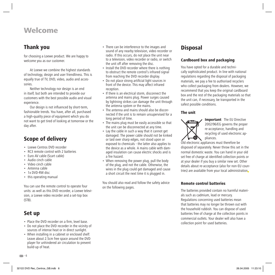 Welcome, Scope of delivery, Set up | Disposal | Loewe Centros 1202 User Manual | Page 6 / 70