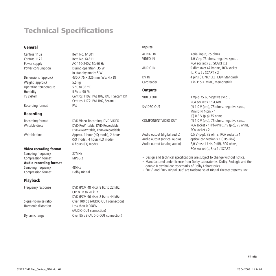 Technical specifi cations | Loewe Centros 1202 User Manual | Page 61 / 70