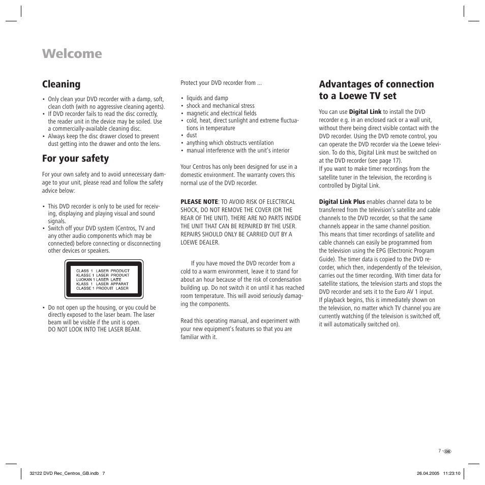Welcome, Cleaning, For your safety | Advantages of connection to a loewe tv set | Loewe Centros 1202 User Manual | Page 7 / 70
