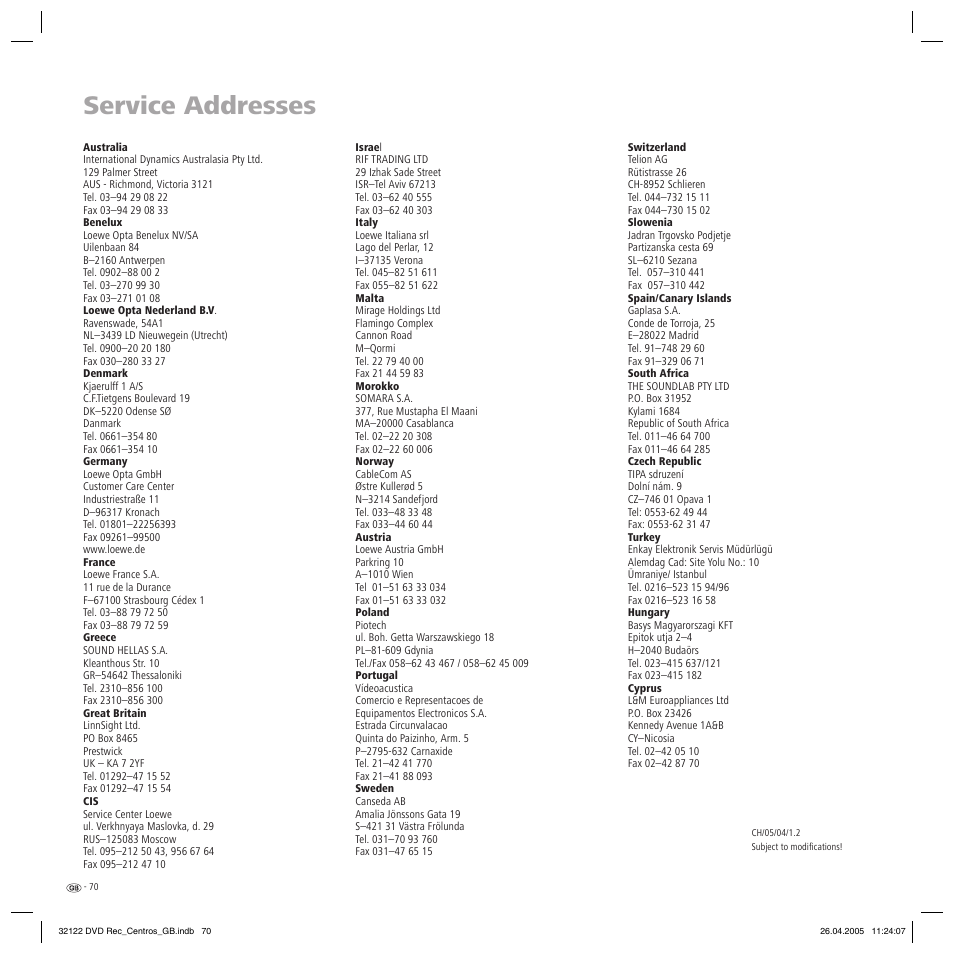 Service addresses | Loewe Centros 1202 User Manual | Page 70 / 70