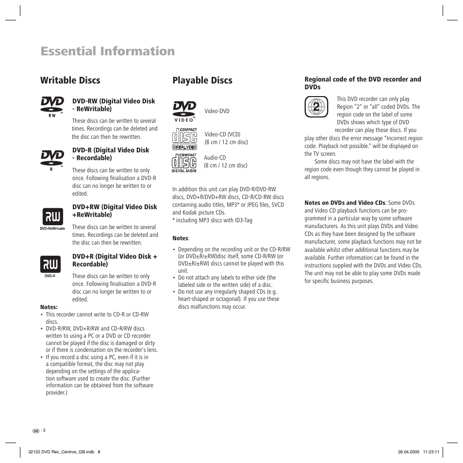 Essential information, Writable discs, Playable discs | Loewe Centros 1202 User Manual | Page 8 / 70