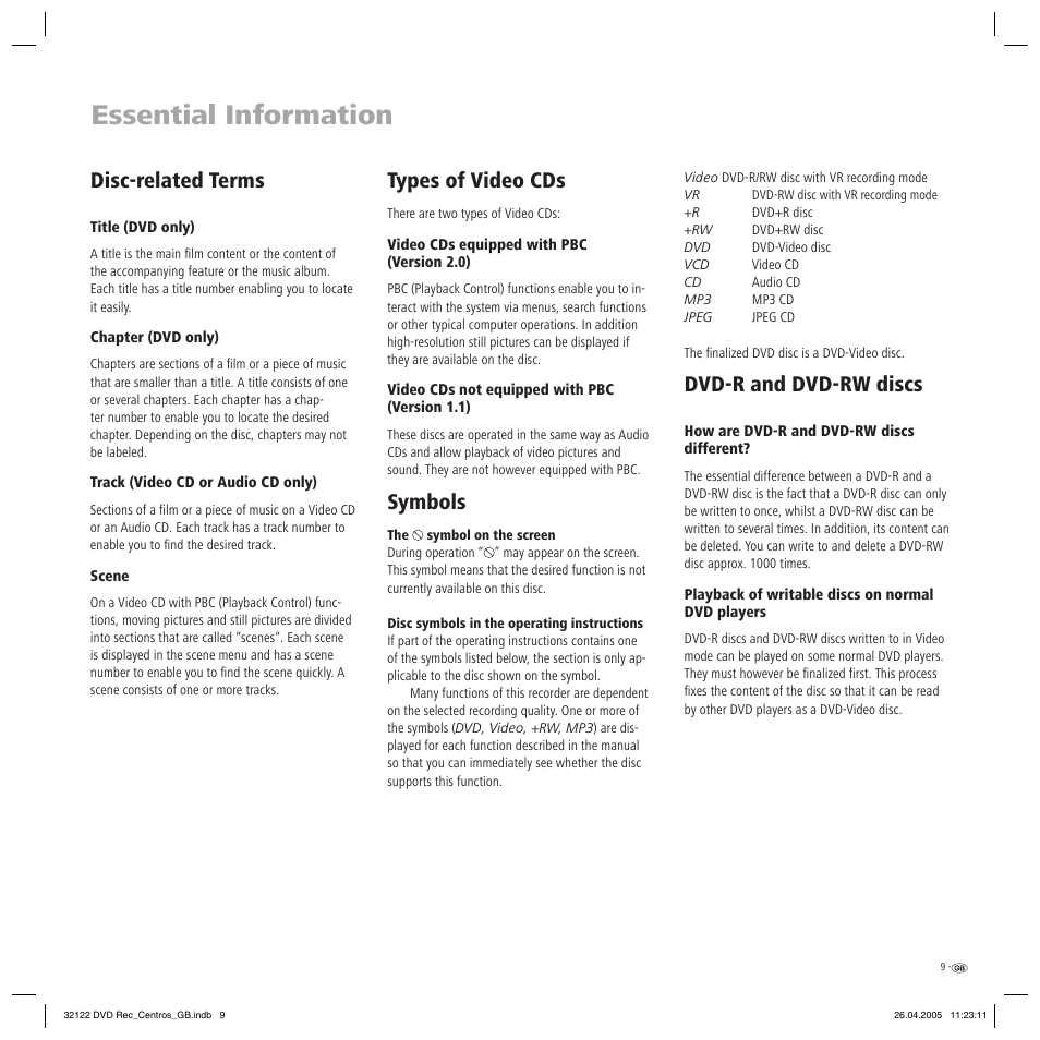 Essential information, Disc-related terms, Types of video cds | Symbols, Dvd-r and dvd-rw discs | Loewe Centros 1202 User Manual | Page 9 / 70
