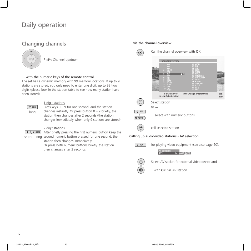 Daily operation, Changing channels, Long short long | Loewe A 22 User Manual | Page 10 / 26