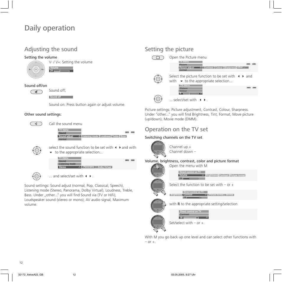Daily operation, Setting the picture, Operation on the tv set | Adjusting the sound | Loewe A 22 User Manual | Page 12 / 26
