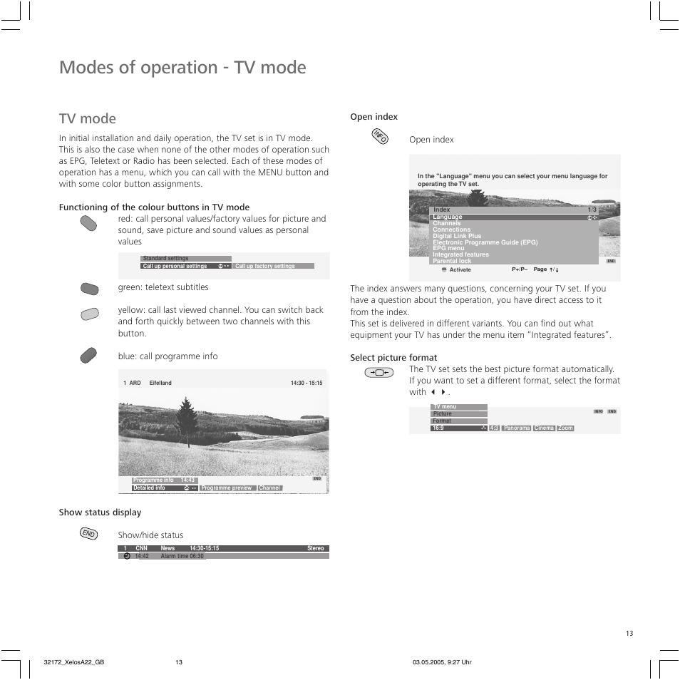 Modes of operation - tv mode, Tv mode, Open index | Show status display show/hide status | Loewe A 22 User Manual | Page 13 / 26