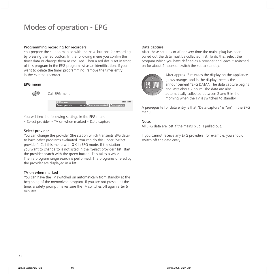 Modes of operation - epg | Loewe A 22 User Manual | Page 16 / 26