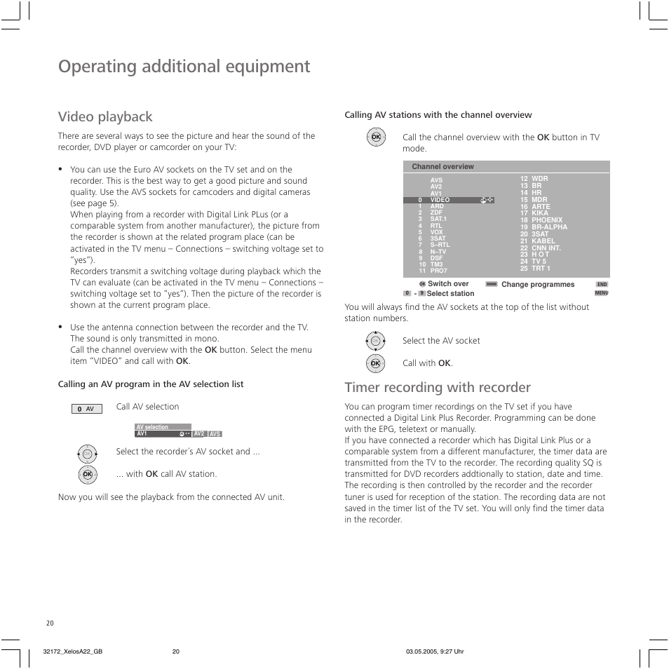 Operating additional equipment, Video playback, Timer recording with recorder | Loewe A 22 User Manual | Page 20 / 26