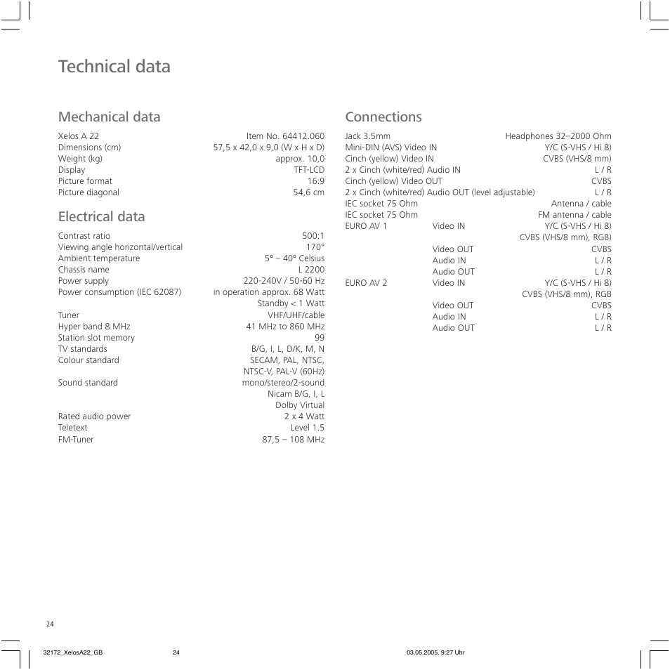 Technical data, Mechanical data, Electrical data | Connections | Loewe A 22 User Manual | Page 24 / 26