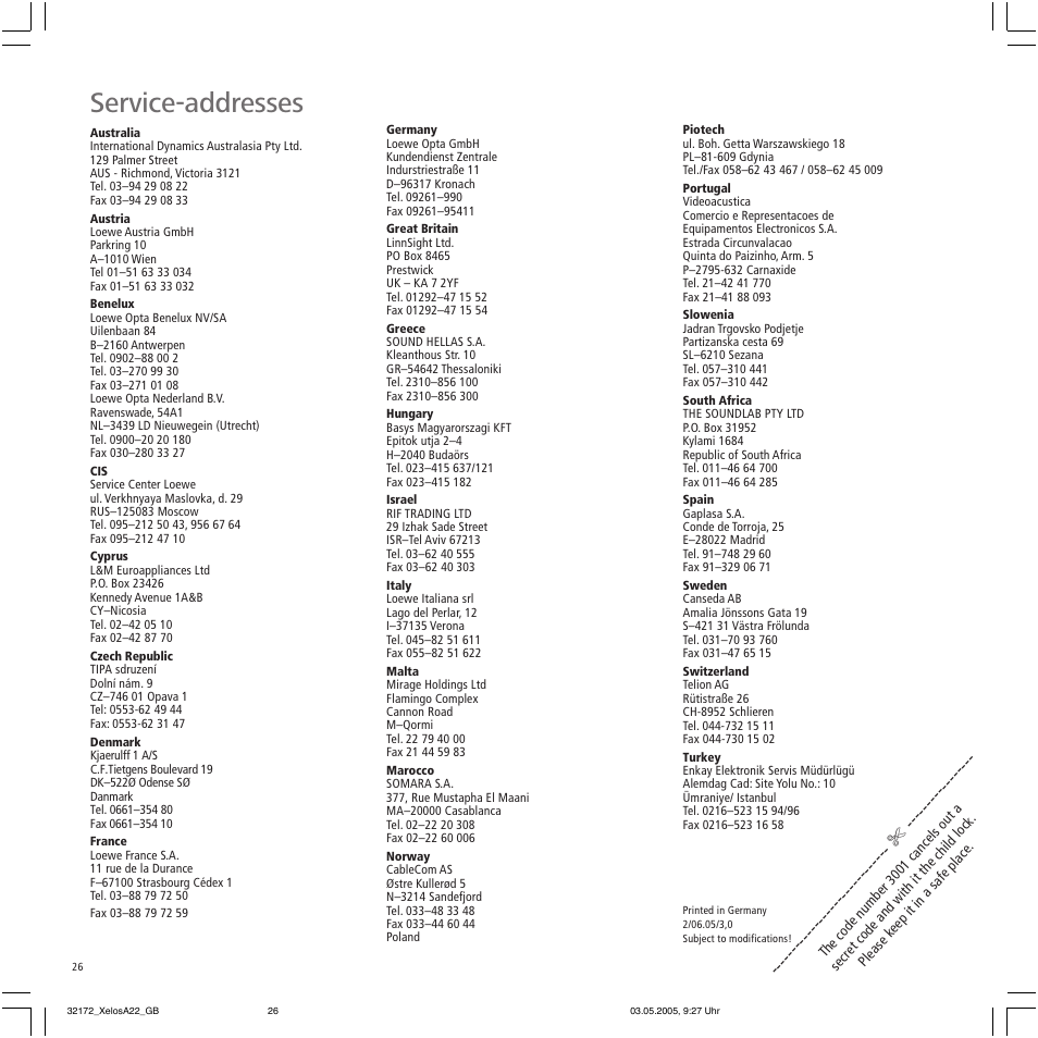Service-addresses | Loewe A 22 User Manual | Page 26 / 26