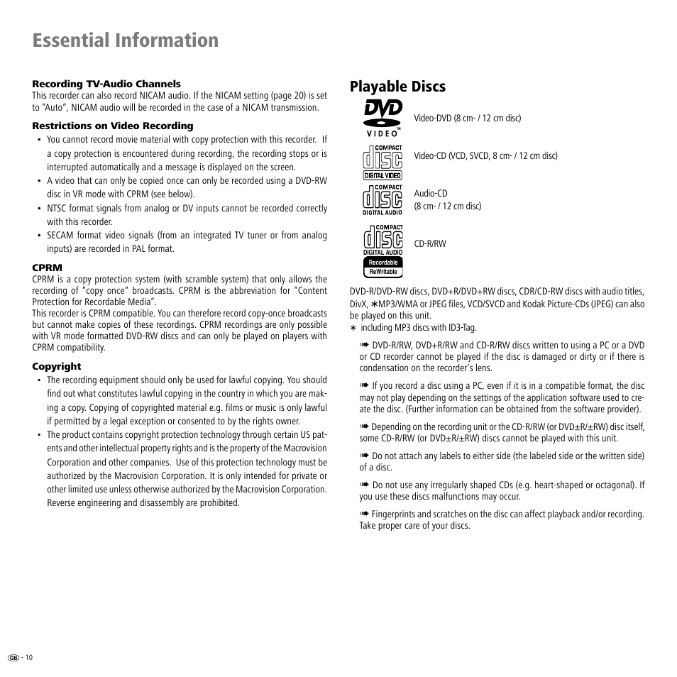 Playable discs, Essential information | Loewe ViewVision DR+ User Manual | Page 10 / 66
