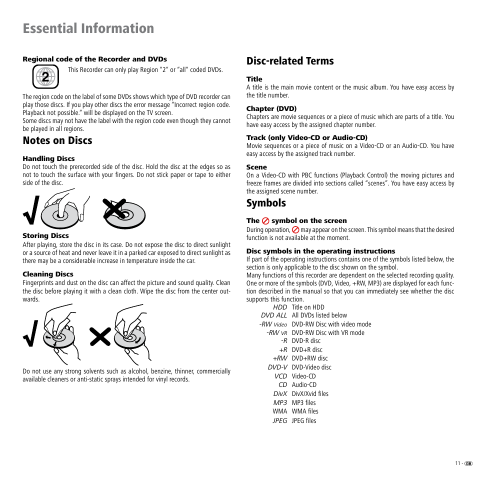 Notes on discs, Disc-related terms, Symbols | Notes on discs disc-related terms symbols, Essential information | Loewe ViewVision DR+ User Manual | Page 11 / 66