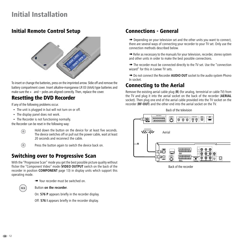 Initial installation, Initial remote control setup, Resetting the dvd recorder | Switching over to progressive scan, Connections - general, Connecting to the aerial | Loewe ViewVision DR+ User Manual | Page 12 / 66
