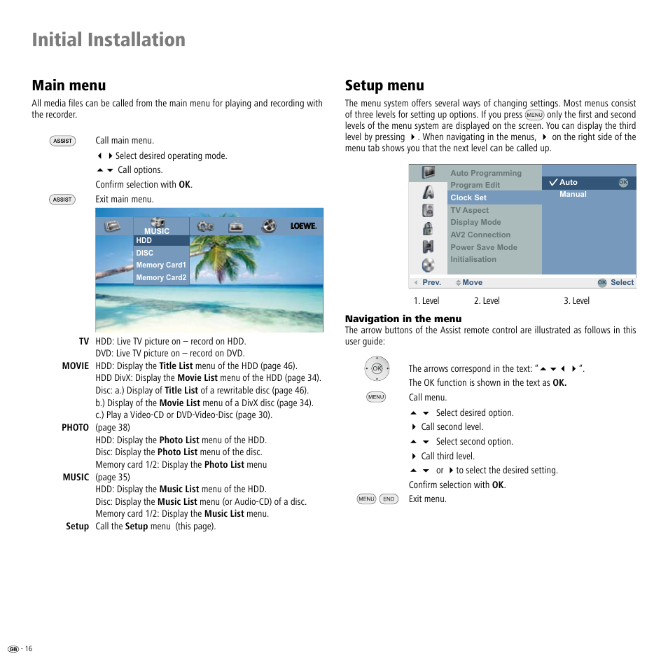 Main menu, Setup menu, Main menu setup menu | Initial installation | Loewe ViewVision DR+ User Manual | Page 16 / 66