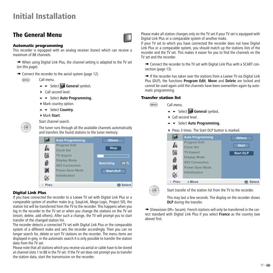 The general menu, Initial installation | Loewe ViewVision DR+ User Manual | Page 17 / 66