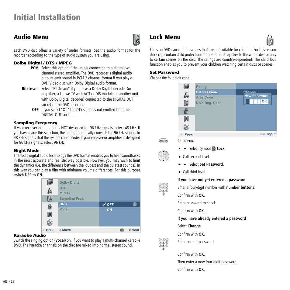 Audio menu, Lock menu, Initial installation | Loewe ViewVision DR+ User Manual | Page 22 / 66