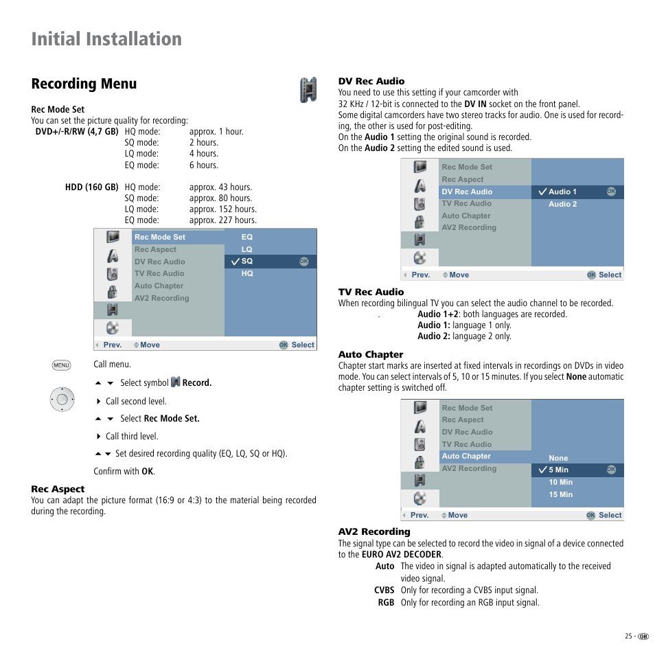 Recording menu, Initial installation | Loewe ViewVision DR+ User Manual | Page 25 / 66