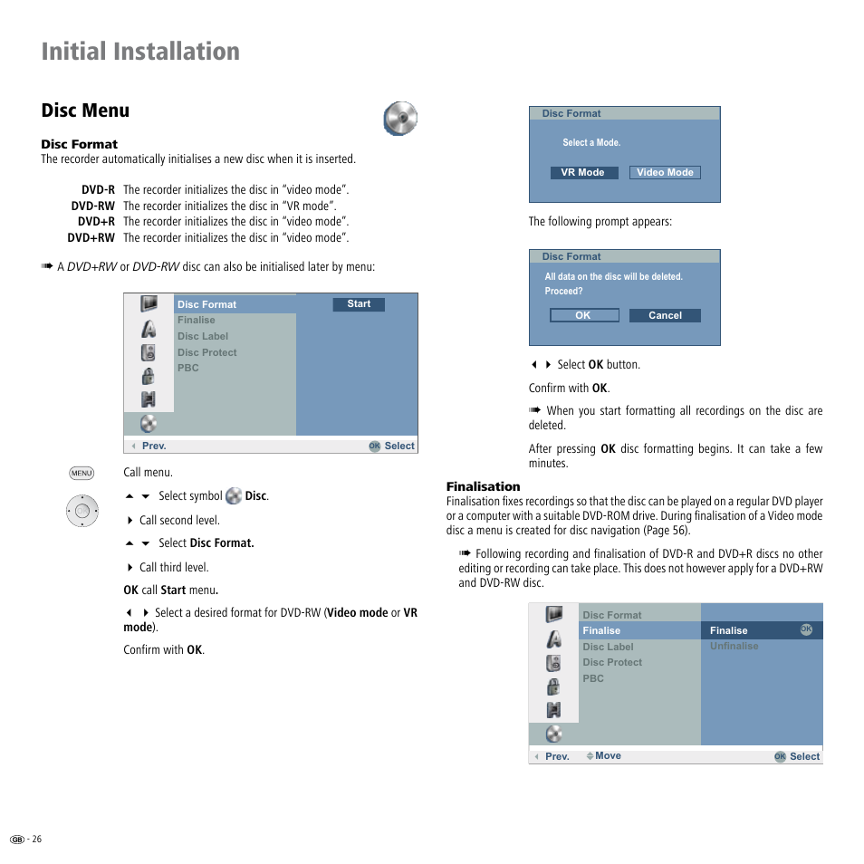 Disc menu, Initial installation | Loewe ViewVision DR+ User Manual | Page 26 / 66