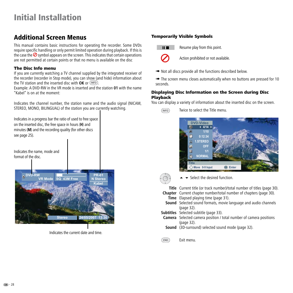 Additional screen menus, Initial installation | Loewe ViewVision DR+ User Manual | Page 28 / 66