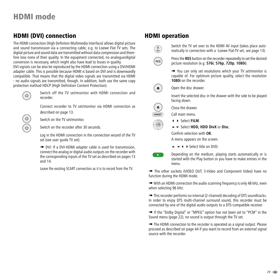 Hdmi mode, Hdmi (dvi) connection, Hdmi operation | Loewe ViewVision DR+ User Manual | Page 29 / 66