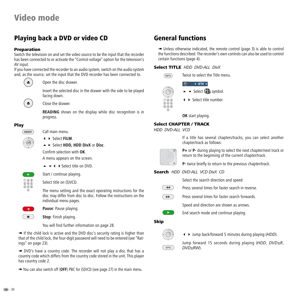 Video mode, Playing back a dvd or video cd, General functions | Loewe ViewVision DR+ User Manual | Page 30 / 66