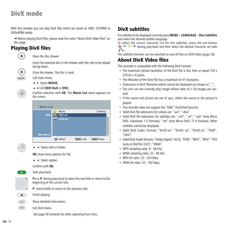 Divx mode, Playing divx files, Divx subtitles | About divx video files | Loewe ViewVision DR+ User Manual | Page 34 / 66