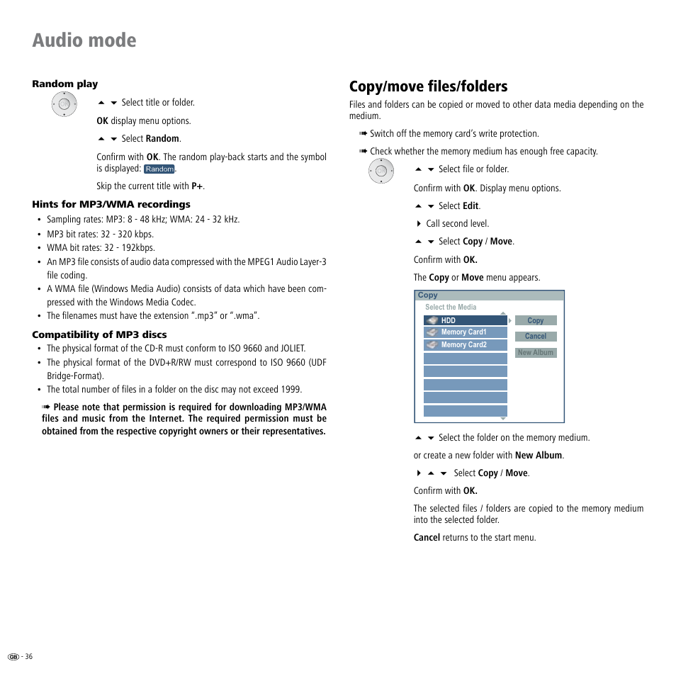 Copy/move files/folders, Audio mode | Loewe ViewVision DR+ User Manual | Page 36 / 66