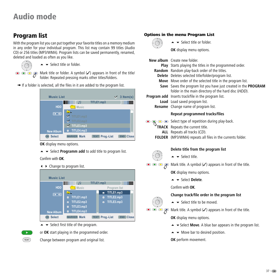 Program list, Audio mode | Loewe ViewVision DR+ User Manual | Page 37 / 66