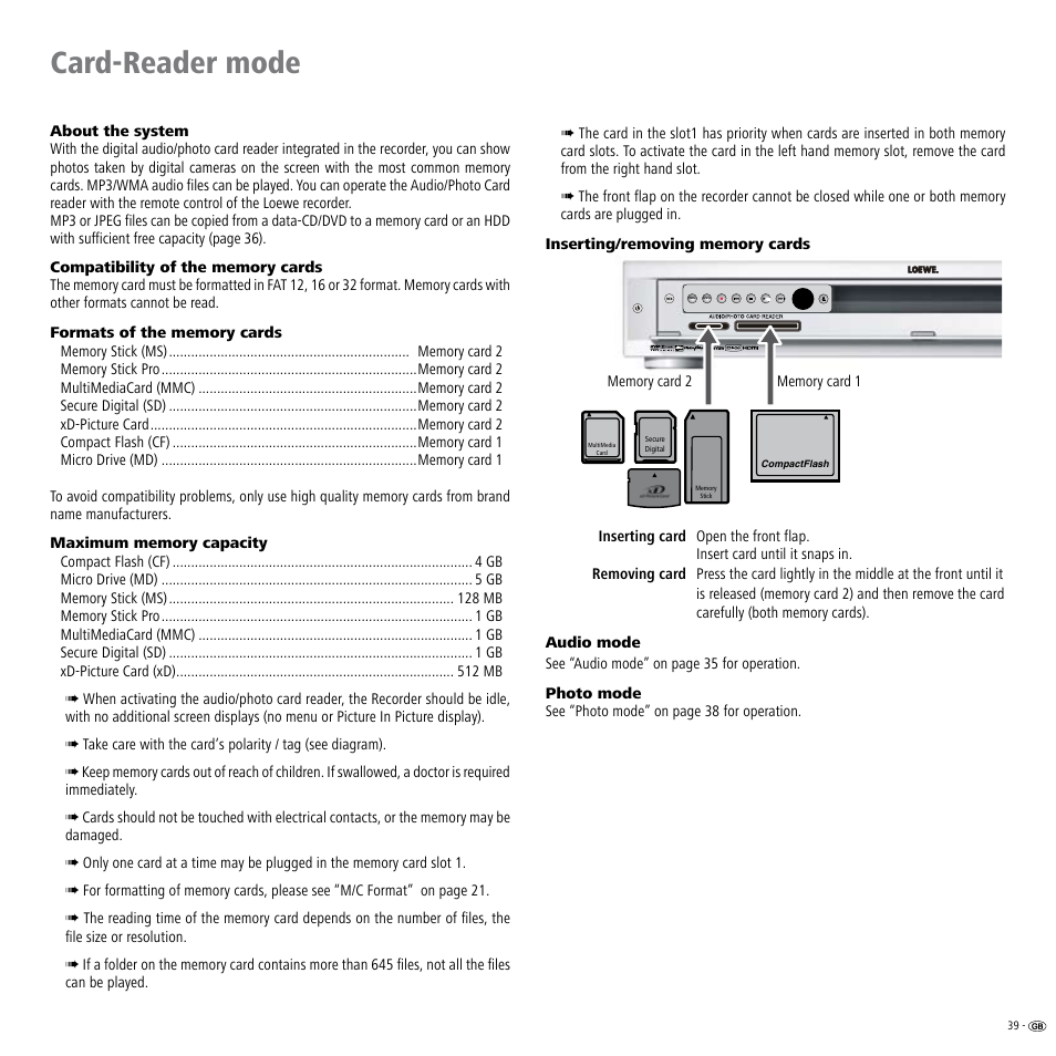 Card-reader mode | Loewe ViewVision DR+ User Manual | Page 39 / 66