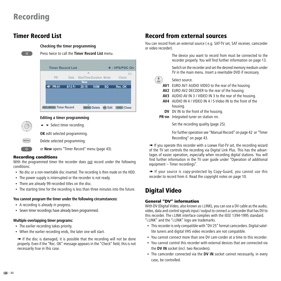 Timer record list, Record from external sources, Digital video | Record from external sources digital video, Recording | Loewe ViewVision DR+ User Manual | Page 44 / 66