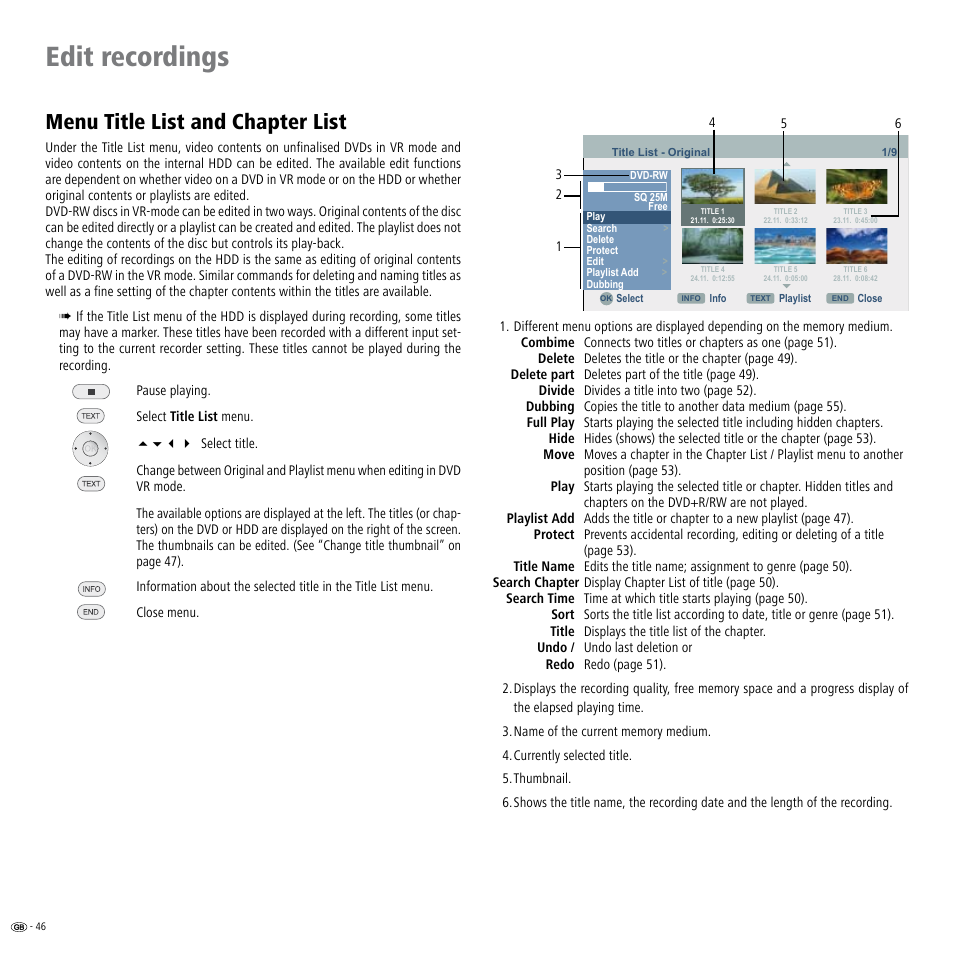 Edit recordings, Menu title list and chapter list | Loewe ViewVision DR+ User Manual | Page 46 / 66