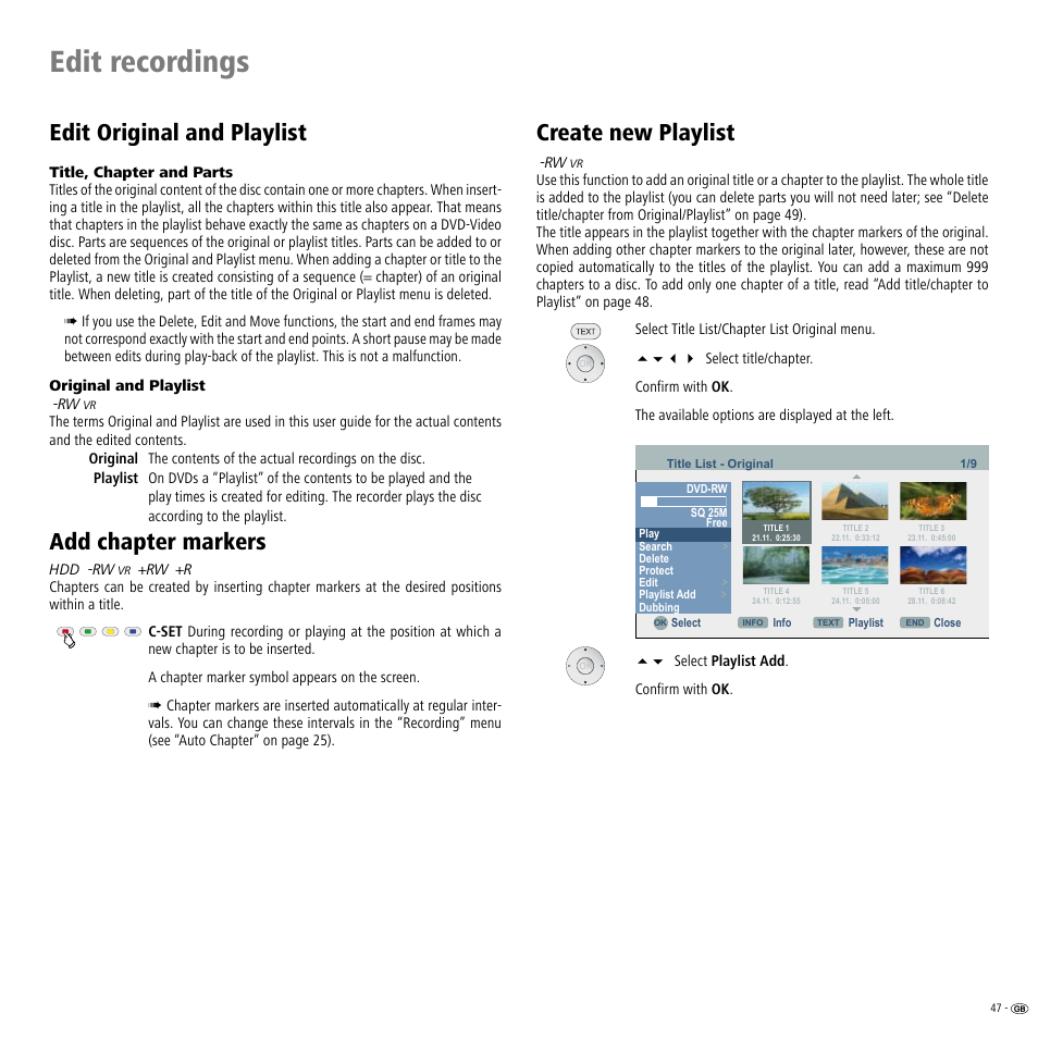 Edit original and playlist, Add chapter markers, Create new playlist | Edit recordings | Loewe ViewVision DR+ User Manual | Page 47 / 66