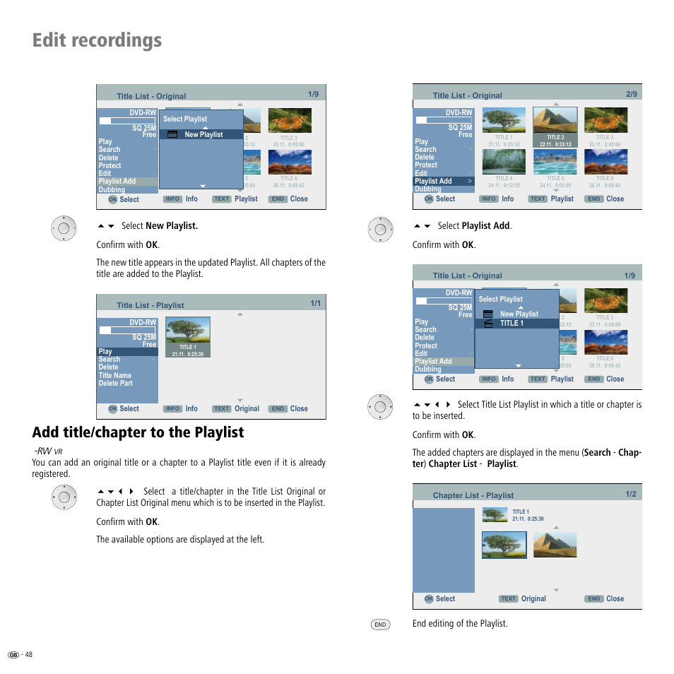 Add title/chapter to the playlist, Edit recordings, 56 select playlist add . confirm with ok | End editing of the playlist | Loewe ViewVision DR+ User Manual | Page 48 / 66