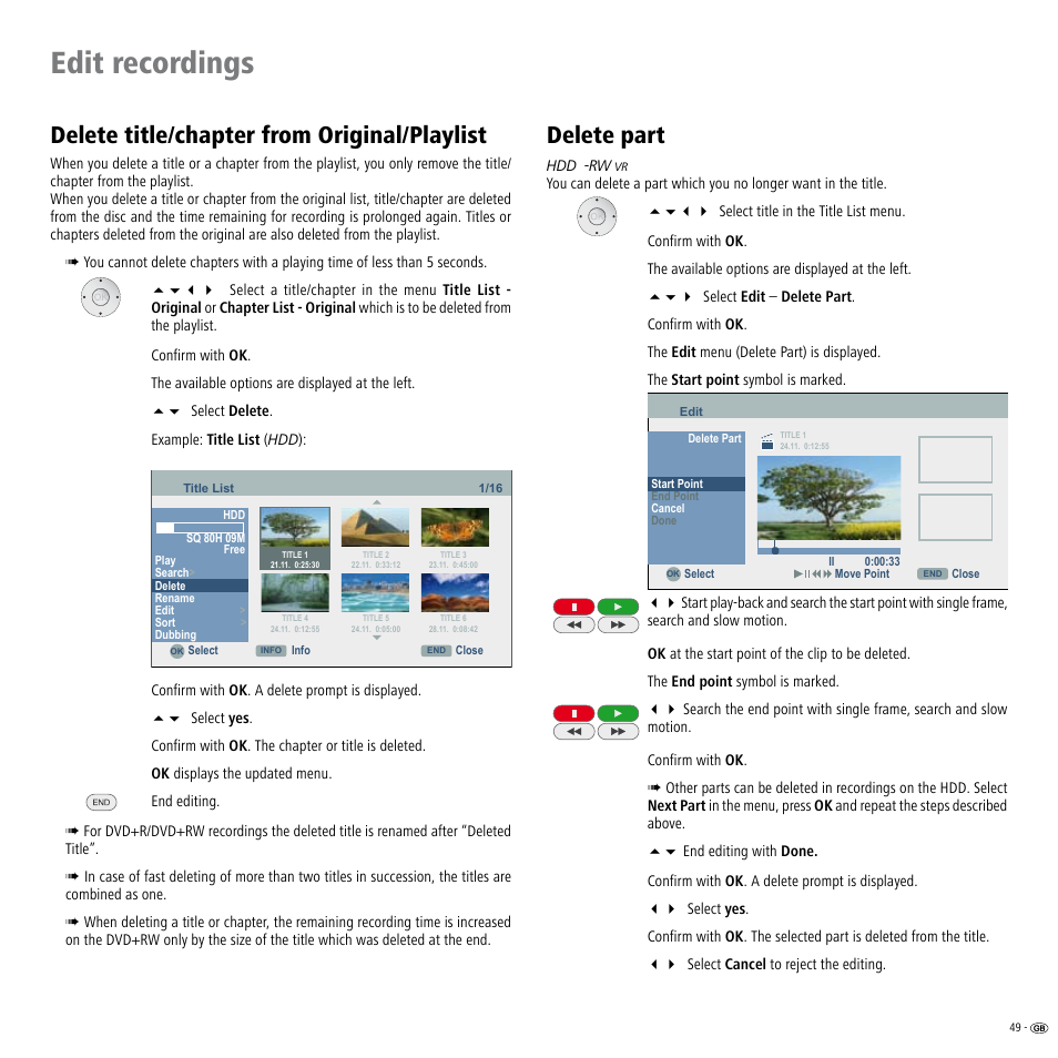 Delete title/chapter from original/playlist, Delete part, Edit recordings | Loewe ViewVision DR+ User Manual | Page 49 / 66