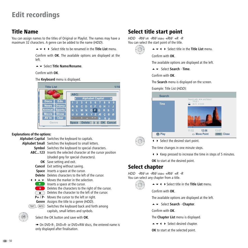 Title name, Select title start point, Select chapter | Select title start point select chapter, Edit recordings | Loewe ViewVision DR+ User Manual | Page 50 / 66