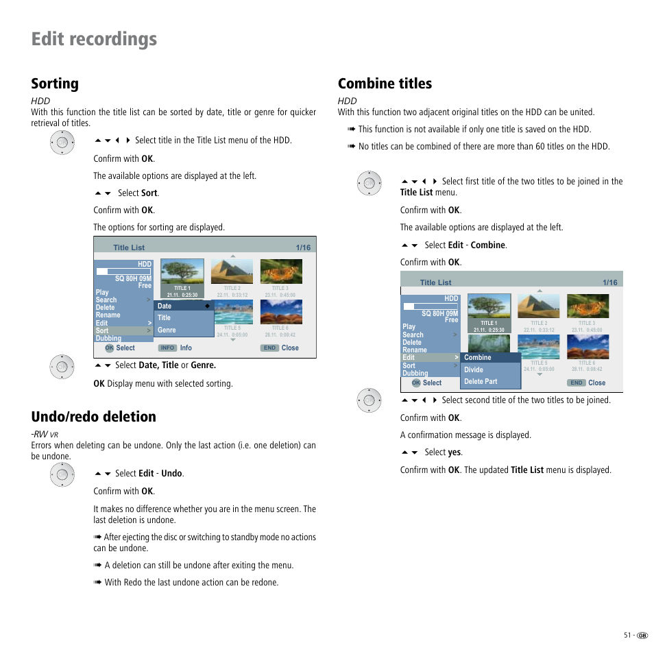 Sorting, Undo/redo deletion, Combine titles | Sorting undo/redo deletion combine titles, Edit recordings | Loewe ViewVision DR+ User Manual | Page 51 / 66