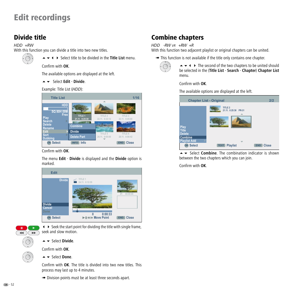 Divide title, Combine chapters, Divide title  combine chapters | Edit recordings | Loewe ViewVision DR+ User Manual | Page 52 / 66