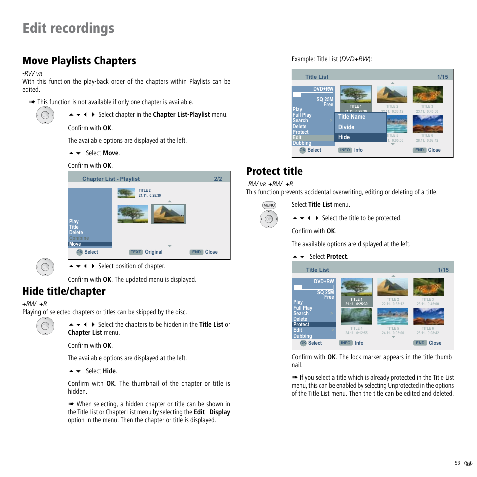 Move playlists chapters, Hide title/chapter, Protect title | Edit recordings | Loewe ViewVision DR+ User Manual | Page 53 / 66