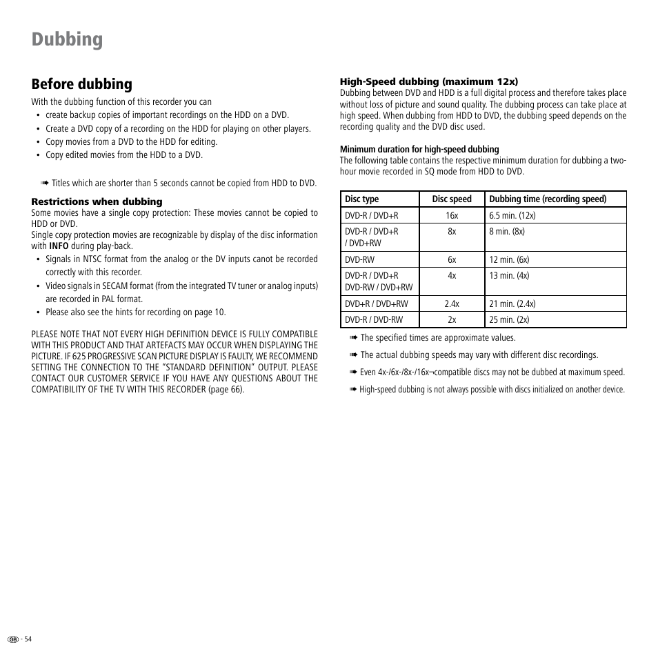 Dubbing, Before dubbing | Loewe ViewVision DR+ User Manual | Page 54 / 66