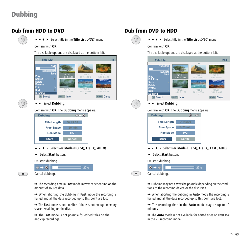 Dub from hdd to dvd, Dub from dvd to hdd, Dub from hdd to dvd dub from dvd to hdd | Dubbing | Loewe ViewVision DR+ User Manual | Page 55 / 66