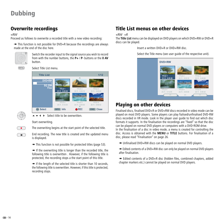 Overwrite recordings, Title list menus on other devices, Playing on other devices | Dubbing | Loewe ViewVision DR+ User Manual | Page 56 / 66
