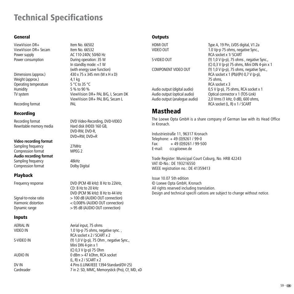 Technical specifications, Masthead | Loewe ViewVision DR+ User Manual | Page 59 / 66