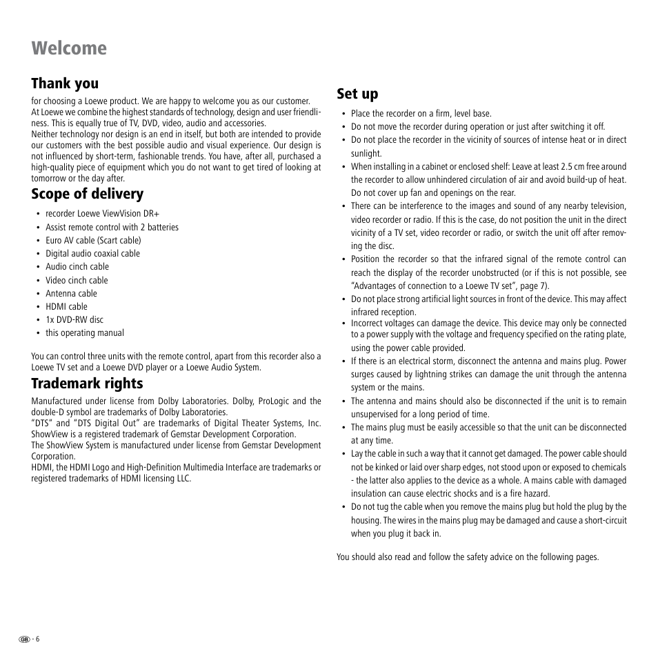Welcome, Scope of delivery, Set up | Scope of delivery set up, Trademark rights | Loewe ViewVision DR+ User Manual | Page 6 / 66