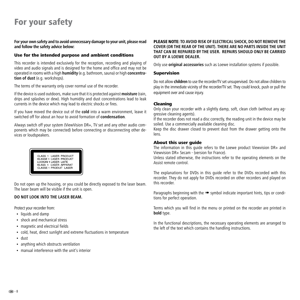For your safety | Loewe ViewVision DR+ User Manual | Page 8 / 66